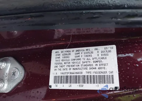 2010 Honda Accord 2.4 Lx из США, поврежденный, VIN 1HGCP2F3XAA184639